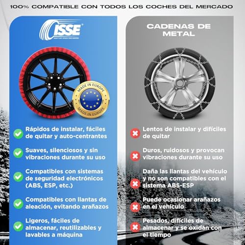 Comparativa entre cadenas de nieve ISSE y cadenas metálicas, mostrando ventajas y desventajas de cada tipo.
