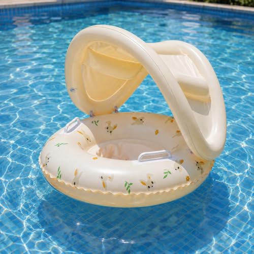 Babys Swimming Float, Babys Pool Float with Canopy, Removable Sunshade Inflatable B-aby Floats Swimming Ring, Sun UV Protection Adjustable Kids Safety Seat Water Floats Swim Ring, for 0-4 Years Kids