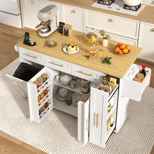 St.Mandyu 69' Large Kitchen Island on Wheels, Kitchen Rolling Island Cart with Trash Storage Cabinet, Power Outlet, 3-Tier Pull-Out Storage Trays, Drop Leaf, Mobile Island Table for Kitchen, White