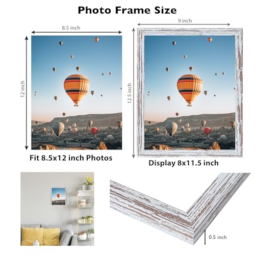 Image of 8.5x12 Picture Frame Rustic White for Wall Hanging or Tabletop, Wall Mounting Horizontally or Vertically, 8.5 x 12 Wall Gallery Poster Photo Frame with Shatter Resistant Plexiglass, Rustic White