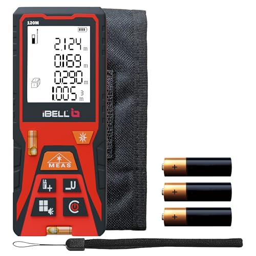 iBELL DM120-02 Laser Distance Meter 120M | Indoor & Outdoor | Max/Min, Continuous, Area, Volume, Pythagoras | Unit Conversion | 30 Data Records | Auto Off | Battery Included | Home & Professional