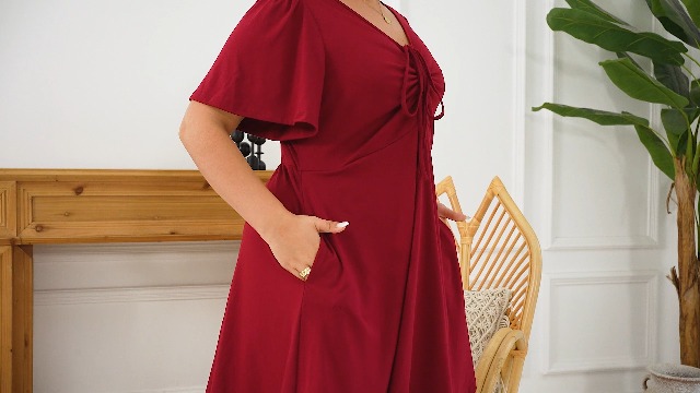 red flowy dress plus size Final Sale Plus Size Long Sleeve Gown with V-Neck in Red