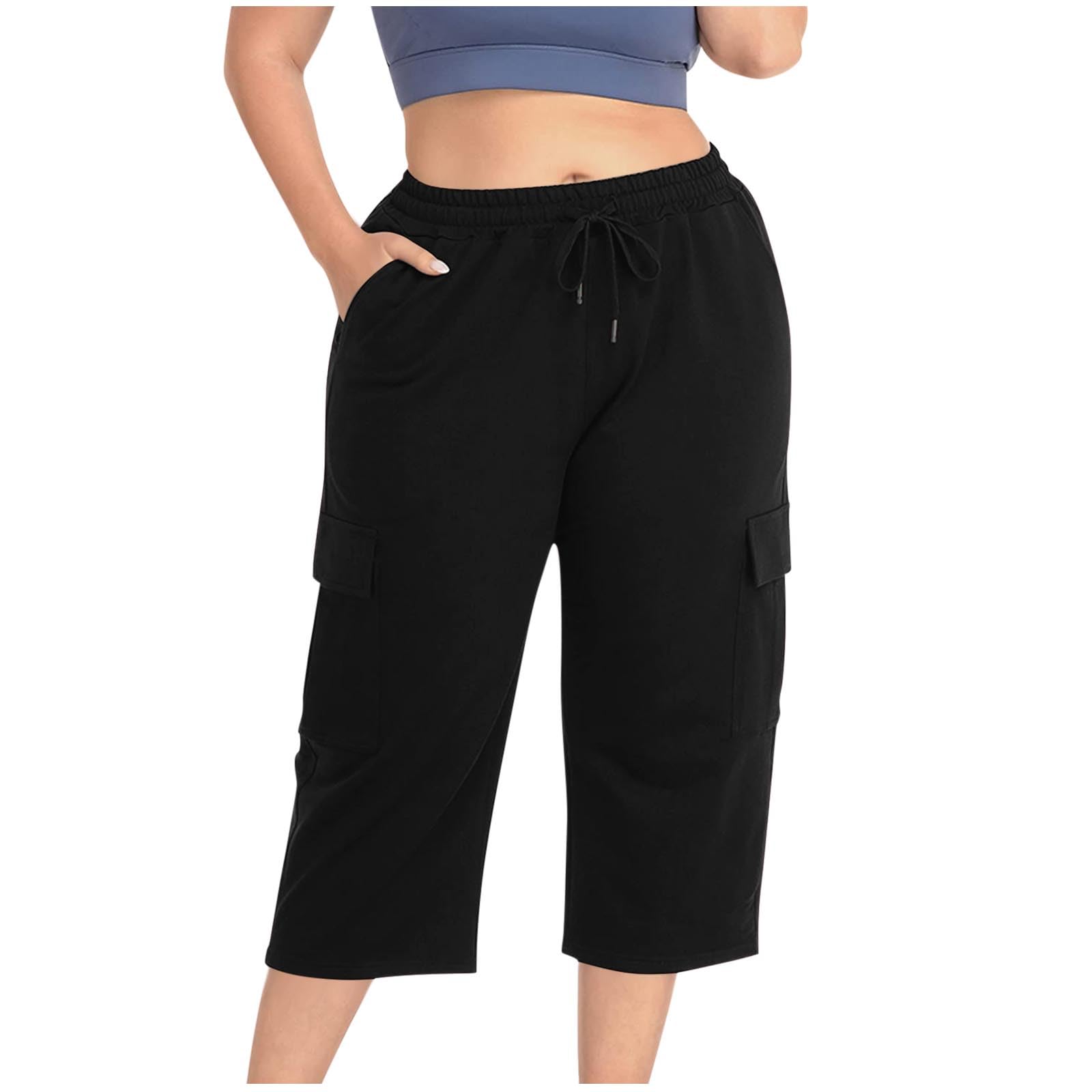 Capris Pants for Women Drawstring Elastic Waist Cargo Pant Summer Casual Workout Hiking Outdoor Slack with Pockets(#01 Black,3X-Large)