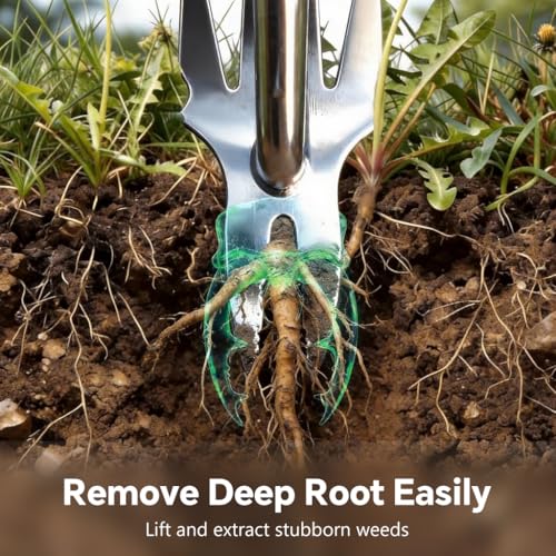 Image of ORTIZA Gardening Hand Weeder Soil Tool, 4-Tine Stainless Steel Manual Weed Remover Tool for Garden Lawn Yard, Gardening Tool Weed Puller for Removing Deep Roots, Dandelions & Weeds