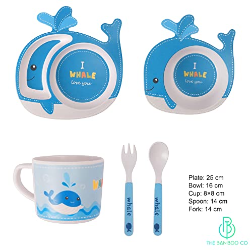 Image of Bamboo Kids Feeding Set of 5 | Made of Bamboo | Kids Crockery Set Tableware |Baby Utensils and Dishes Set | Eco-Friendly |Organic & Natural(Witty Whale)