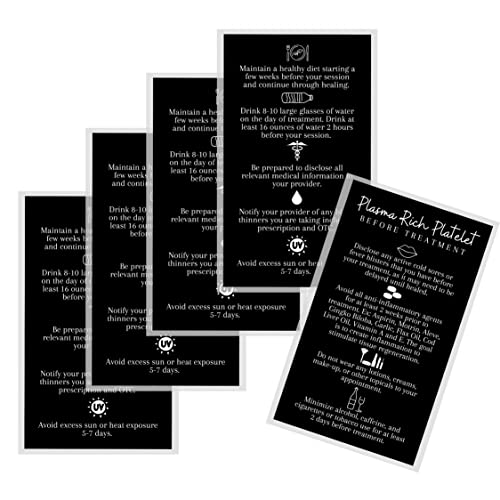 PRP Platelet Rich Plasma Pre Treatment Care Instructions Card | 50 Pack | 2x3.5” inches Business Card | PRP Supplies | Black with White Icons Design4