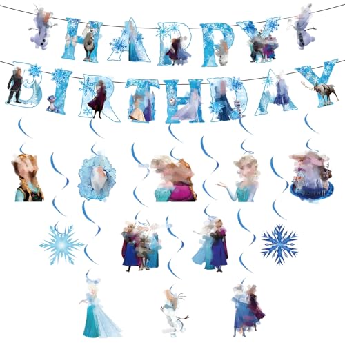 Froze BirThday Decorations Banner for Girls- ElsPrincess Happy Birthday Banner Snowflake Party Decorations Bunting Garland and Hanging Decor for Kids ice Snow Theme Party Supplies Birthday Decoration