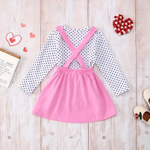 Toddler Baby Girls Valentines Outfits Long Sleeve Dot Heart Shirt Top Red Suspender Skirt Clothes Set(Pink, 6-7T(130)）3