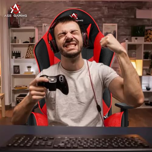 Image of ASE GAMING Gold Series Ergonomic Gaming Chair Premium PU Leather, Adjustable Neck & Lumbar Pillow, 180 Degree Recline with Black Metal Base with 3 Years Warranty (Multicolor)