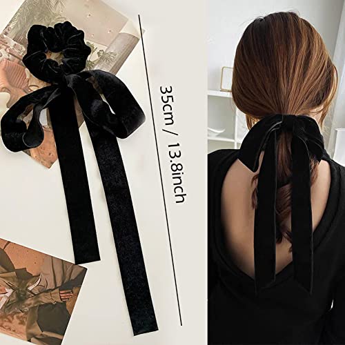 Black Velvet Hair Bow Tie Ribbon Scarf Long Velvet Elastic Headband Twisted Criss Cross Knotted Hairband Jumbo Scrunchy Women Girls Fall Winter Ponytail Holder Decor Accessories Xmas Party Favor Gift #TOP2