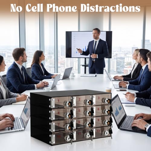 Image of Layhit 12 Slots Cell Phone Locker Box for Classroom Black Acrylic Cell Phone Storage Cabinet Bin with Door Locks for Classroom School Students Office Factory Employees
