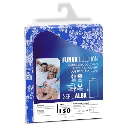 TIENDA EURASIA   Funda de Colchon, Estampado Floral, Azul y Blanco, con Cierre de Cremallera en L, Fácil de Colocar, Suave, 100% Poliéster, No Encoge (Cama 150x190)
