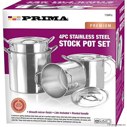 4pc Large Stainless Steel Catering Deep Stock Pots - Soup Boiling Pot | Easy to Clean | Handles for Easy Transporting | Suitable for Kitchen, Catering & Restaraunts | Durable & Long Lasting
