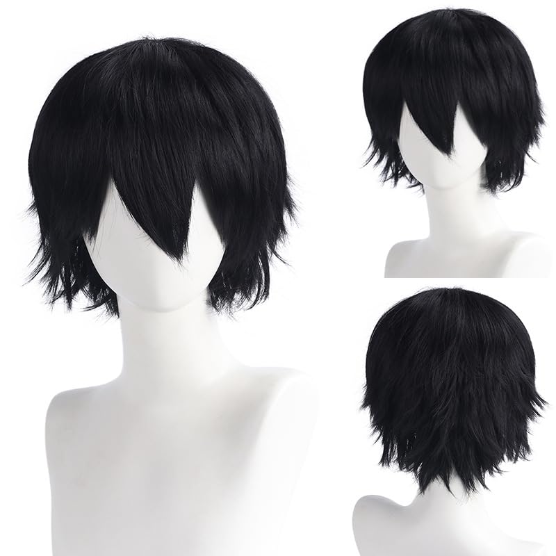 FOUNSHO Anime Perruque Noir pour Homme Dames, 12 Inch/30 cm Adulte Cosplay Perruque Courte Postiche Droite Perruque...