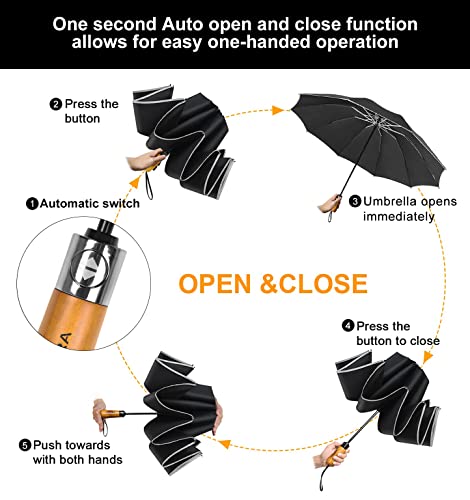 Leagera Sun Umbrella Uv Protection Compact Windproof Reverse Umbrella For Rain - 54 Inch Portable Automatic Open And Close Folding Inverted Car Travel Umbrella With Wooden Handle For Men,Black #TOP5