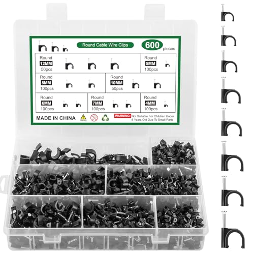 600 Stück Kabelschellen Nagelschellen, Runde Kabel Clips, Kabelschellen Schwarz, Kabelhalter Wand Befestigungen für Netzwerkkabel, 4mm 5mm 6mm 7mm 8mm 10mm 12mm