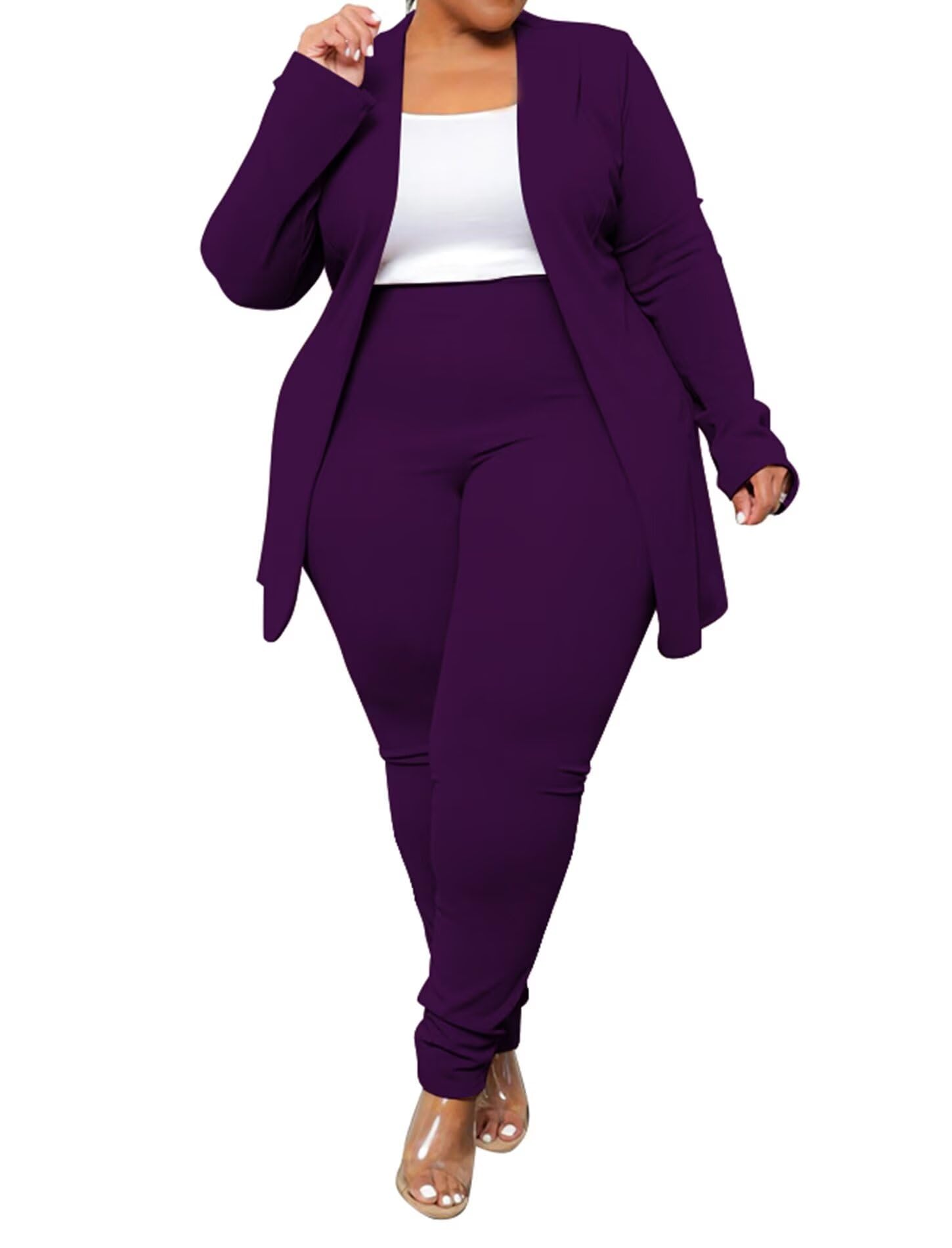 IyMoo Womens Plus Size Two Piece Open Front Long Sleeve Blazer and Elastic Waist Solid Pant Set Suit