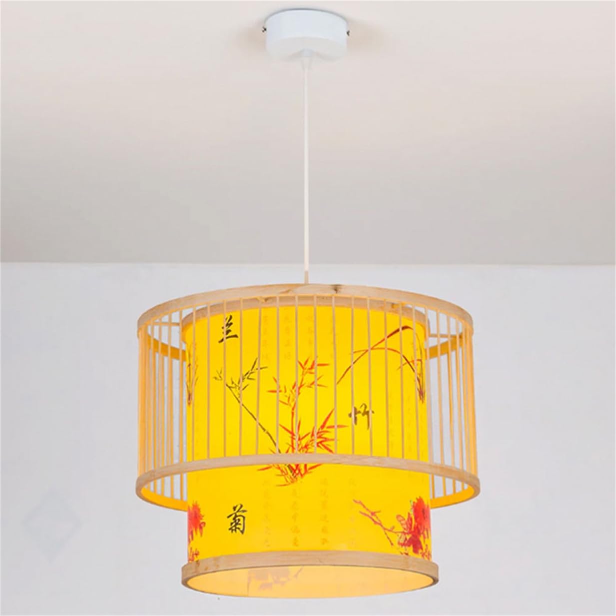 LQZCXMF Restaurant Zen Style Chandelier 1-Lights Boho Bamboo Cage Lantern 15.7" Rustic Bamboo Basket Farmhouse Light Fixtures Natural Wicker Lamp Shade for Bedroom, Dining Living, Entryway, Foyer