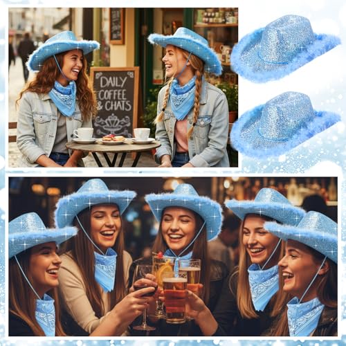Image of Coume 12 Pcs Sparkly Adults Cowboy Hat and Bandanas Women Men Western Glitter Cowgirl Party Hats with Adjustable Drawstring
