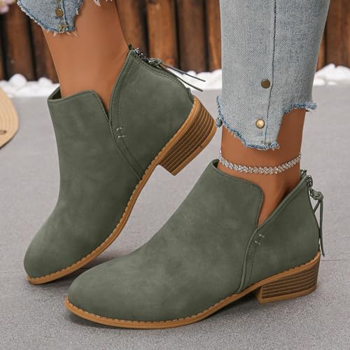 Ankle Booties for Women Casual Dress Low Heeled Booties Side V Cutout Comfortable Slip on Short Boots Fashion Suede Chunky Stacked Heel Back Zipper Pull-On Western Boots Shoes2
