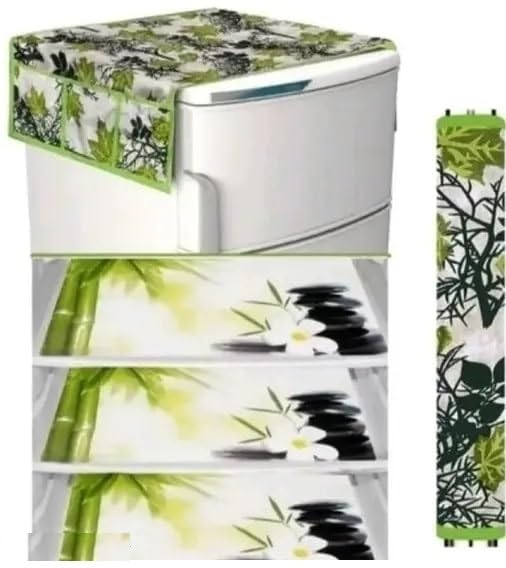 BHOLA Parvati Trading Corporation Set of 5 Pcs Fridge Cover Combo with 1 Fridge Top Cover with 6 Utility Pockets 1 Handle Cover and 3 Pcs Multipurpose Fridge Mats Color (Green Leaf)-image-1