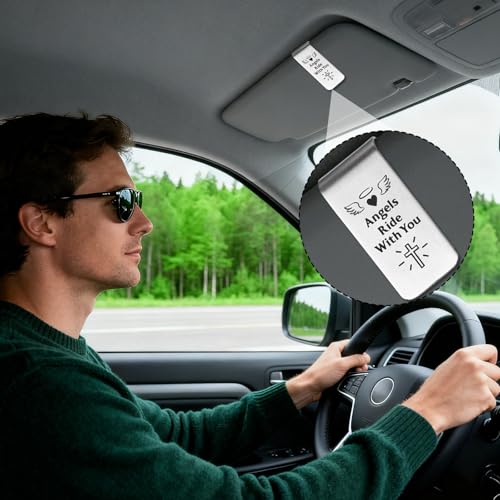 Image of Penitue Engraved Guardian Angel Car Visor Clip, Inspirational Car Visor Clip Driving Safe Accessories for Women Men Family Friend New Driver Gifts (Silver)