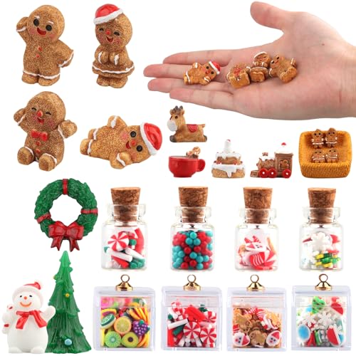 TCRZHHRX Kit Casa de Jengibre Navideña (24 Piezas) : Miniaturas de Resina con Muñecos de Jengibre, Hombres de Nieve y Renos, Ideal para Decorar Árboles de Navidad y Casas de Muñecas