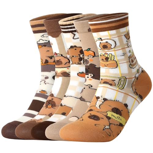 5 Paar Lustige Socken Capybara Motive Socken für Damen Mädchen 36-40 Cartoon Capybara Baumwollsocken Crew Socke für Freizeit Sport und Zuhause Geschenk für Wasserschwein Liebhaber Brauntöne