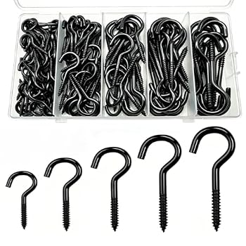 ANDILIKE 135 Pcs Screw Hooks, 5 Sizes (0.99",1.26",1.56",1.97", 2.2") Black Screw Cup Hooks for Hanging Lamps, Plants, Decorations, Kitchenware, Lights and DIY Crafts