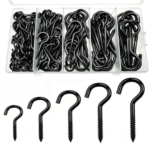 ANDILIKE 135 Pcs Screw Hooks, 5 Sizes (0.99″,1.26″,1.56″,1.97″, 2.2″) Black Screw Cup Hooks for Hanging Lamps, Plants, Decorations, Kitchenware, Lights and DIY Crafts