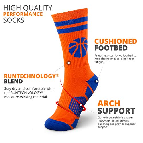 Chalktalksports Basketball Woven Mid-Calf Socks | Classic Stripe & Ball | Orange & Blue #TOP2