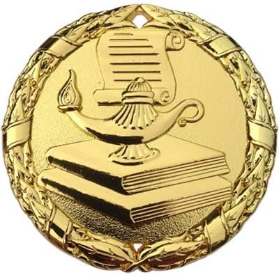 Express Medals Lamp of Knowledge Scholastic Medal Gold 2" with Red White & Blue Neck Ribbon Award Trophy