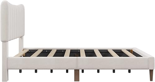 Miniatura 7 de Moderna base de cama tapizada de tamaño Queen con cabecera capitonada de canal vertical marco de cama de lino con plataforma Queen para dormitorio