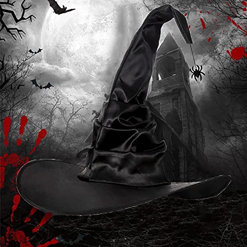 ITODA Halloween Ruched Witch Hats Wide Brim Pointed Wizard Hat Black Wicked Witches Hat Crooked Wizard Headwear Fancy Dress Party Witch Accessories for Halloween Carnival Cosplay Party - Image 2