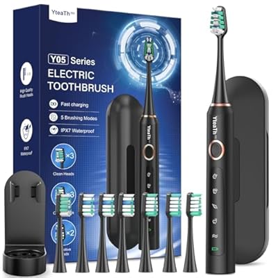 YTEATH PRO - Cepillo de Dientes Eléctrico Sónico para Adultos - Cepillo Electrico Sónico con 8 Cabezales y Estuche de Viaje 5 Modos IPX7 Impermeable Cepillo Dientes Electrico de Viaje Recargable Negro