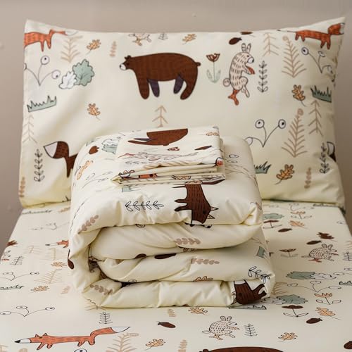 Image of Wellboo Yellow Bear Toddler Bedding Sets for Girls Boys Cute Cartoon 4 Pieces Soft Crib Bed Set Including Comforter, Sheets and Pillowcase Child Fox Theme Woodland Forest Quilt