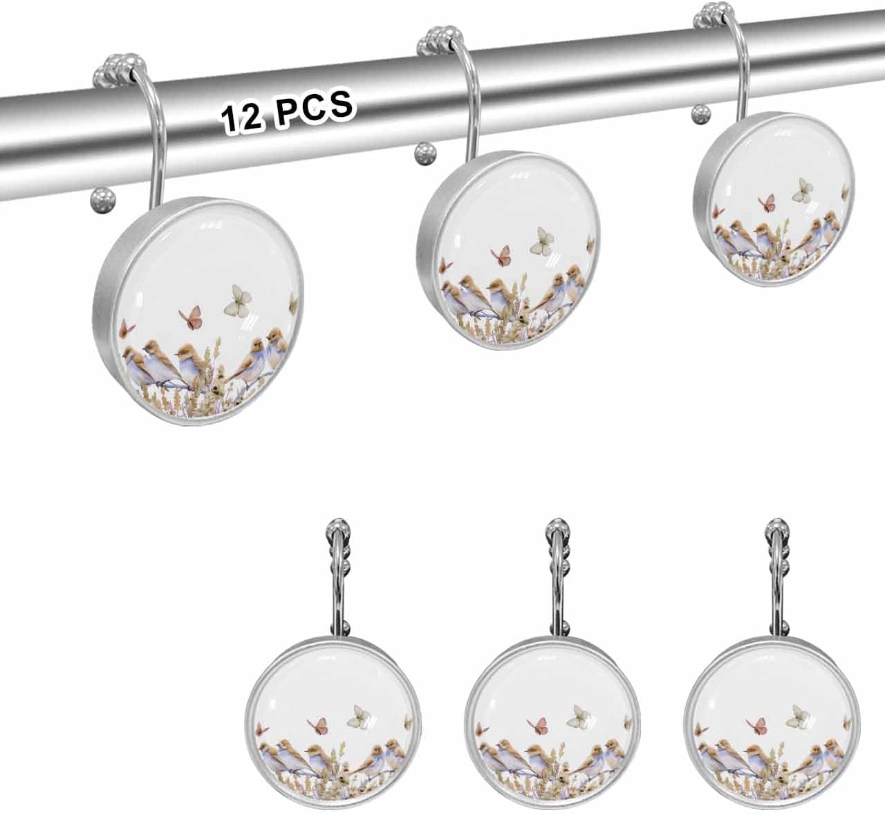 Shower Curtain Hooks 12 Pcs Cute Little Bird and Butterfly Pattern Stainless Steel Rust Proof Rolling Shower Curtain Rings, Decorative Shower Curtain Hooks Hangers for Bathroom
