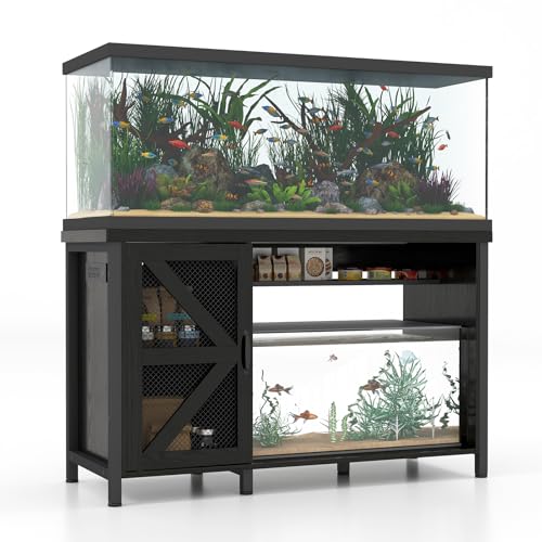 Verano 55-75 Gallon Aquarium Stand with Storage Cabinet, Fish Tank Stand with Power Outlets & LED Light, Wooden Turtle Tank 52 inch x 19.7-inch Desktop, Heavy Duty Steel Frame,1100LBS Capacity (Black)