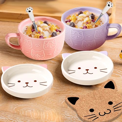 Taza de cerámica morada con tapa y diseño de gato kawaii miniatura 5
