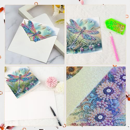 Image of 6 Pcs 5D Diamond Painting Greeting Cards Kits Dragonfly, Handmade Festival Greeting Cards with Envelopes DIY Diamond Art Crafts Birthday Cards Shimmer Design for Birthdays Holidays (30x15cm)