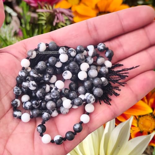 Image of Apnisanskriti Premium Zebra Jasper Stone Mala for Men and Women (6mm, AAA Quality, Lab Certified, 108+1) - Natural Stone Beads Mala - Black & White Bands Colour - Pack of 1