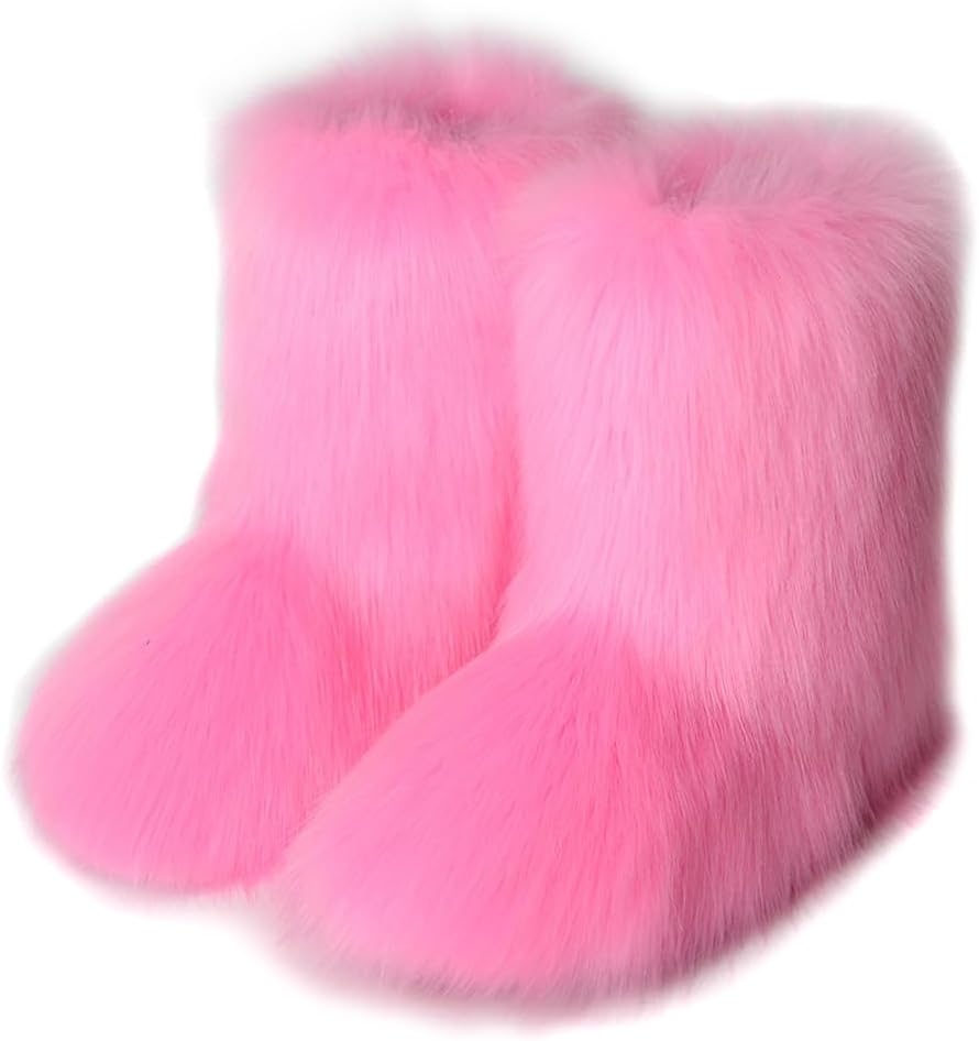 Women’s Faux Fur Boots Mid-calf Furry Snow Boots Flat Fluffy Warm Lined Winter Shoes Outdoor Indoor