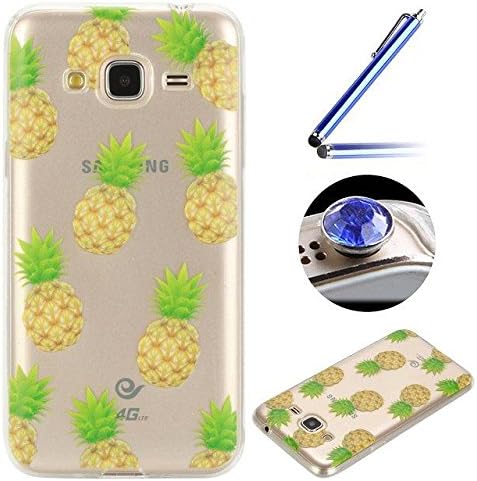 Galaxy J3 2016 Transparent Case,Samsung Galaxy J3 2016 Tpu Case,Etsue Cute Pineapple Slim Fit Soft Gel Thin Crystal Clear Tpu Rubber Case Cover for Samsung Galaxy J3 2016+Blue Stylus Pen+Bling Glitter Diamond Dust Plug(Colors Random)-Pineapple