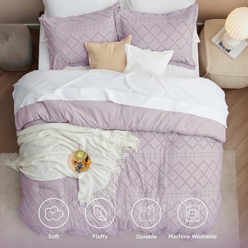 Image of Bedsure Twin Comforter Set - Lavender Comforter, Boho Tufted Distressed Vintage Bedding for Kids, 2 Pieces Farmhouse-Style Bed Set for All Seasons, Fluffy Soft Bedding with 1 Pillow Sham