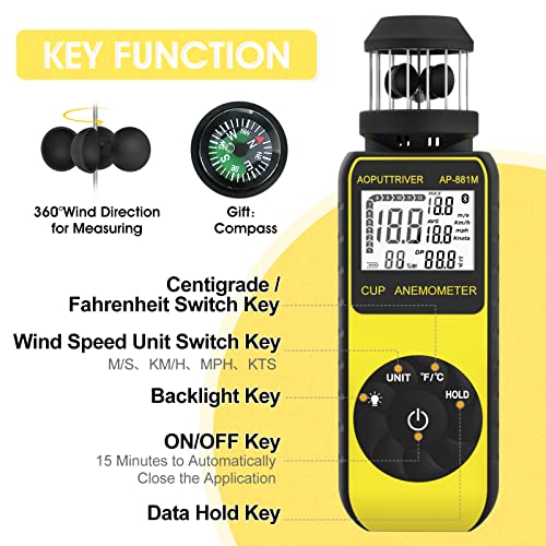 Anemometer Handheld Wind Cup Anemometer with Direction, Wind Speed Meter with 360°Wind Directions and Temp(℃/℉) Measuring Air Speed Air Volume for HVAC Vents, Boat Sailing, Shooting - Thumbnail 2