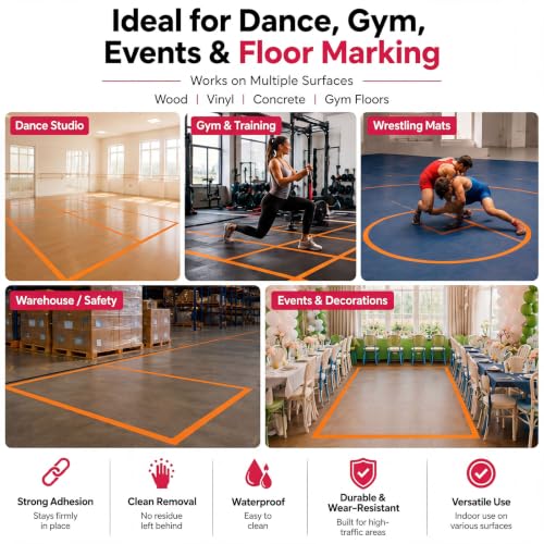 Image of Pangda 2 Rolls Dance Floor Vinyl Tape Durable Tape Splicing Strong Adhesion No Residue for Gym Dance Room Restaurants Kitchen Floor Safety Marking(Orange,36 yd X 2 in)