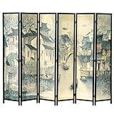 MyGift 6 Panel Room Divider Privacy Partition with Dual-Sided Vintage Asian Water Village Ink Brushed Print Design, 6FT Black Wood Framed Decorative Artwork Folding Screen 94.6''W x 68.9''H
