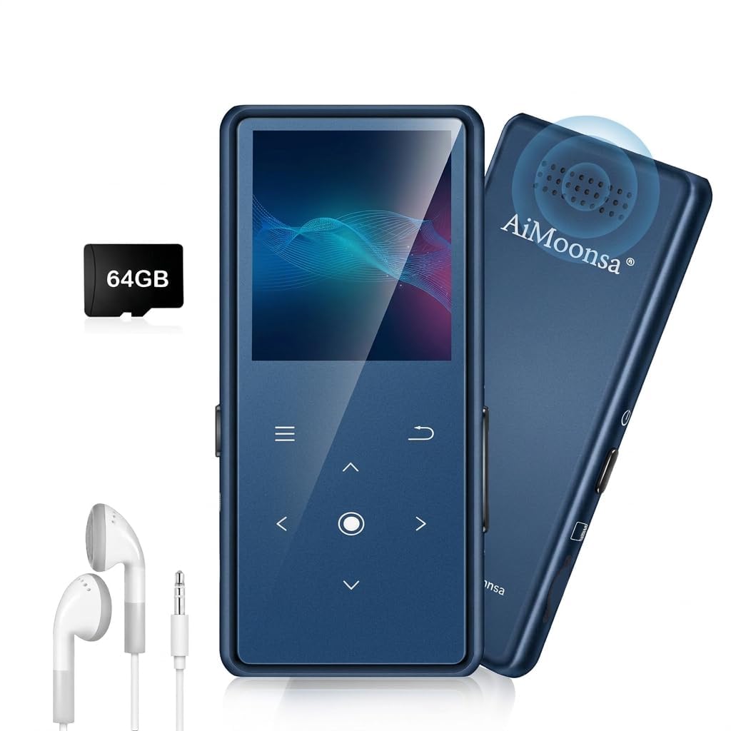Photo 1 of 64GB MP3 Player with Bluetooth 5.2, AiMoonsa Music Player with Built-in HD Speaker, FM Radio, Voice Recorder, HiFi Sound, E-Book, Earphones Included, Blue