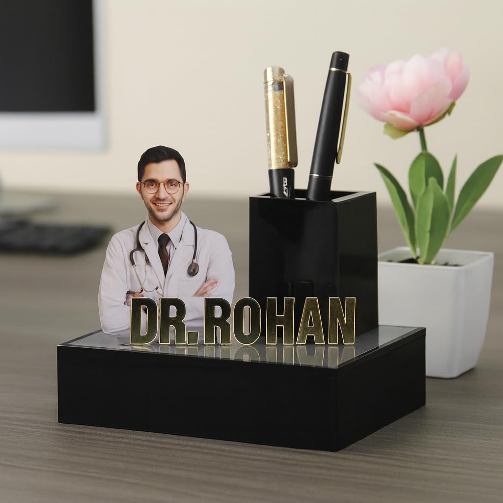 WEHATKE Personalized Doctor Name Pen Stand with Photo and Name, Acrylic Desk Organiser and Nameplate for Clinic and Office, Doctor Gift for Clinic Opening, Graduation and Doctors Day 1