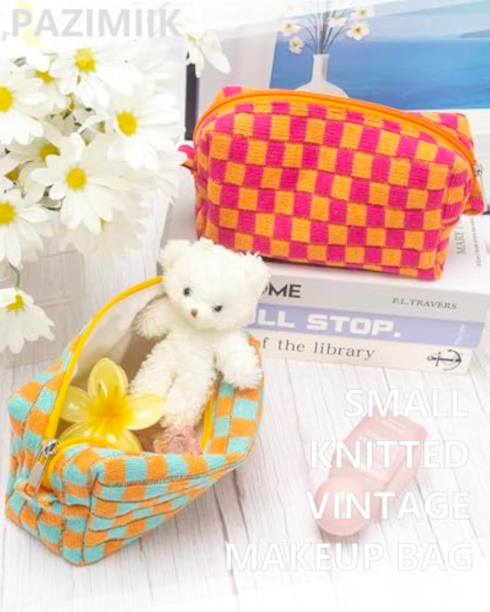 Checkered Makeup Bag for Purse, Portable Zipper Pouch